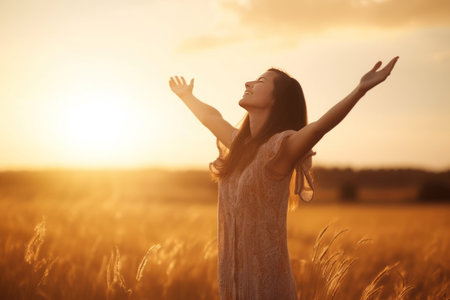 Female freedom healthy concept nature field. Free arms beauty sunshine. Generate Aiの素材