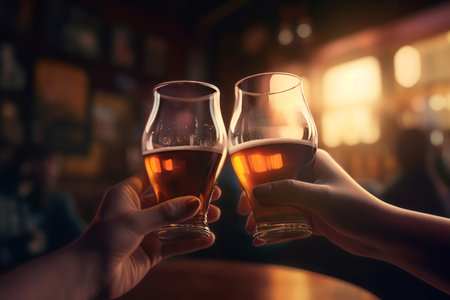 Glass alcoholic drink bar. Young adults drinking spirits and brown beverages. Generate AIの素材