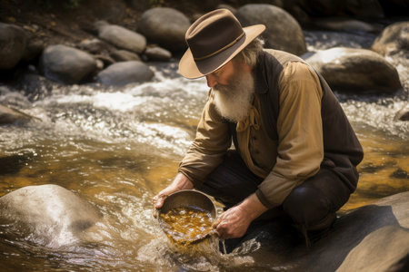 Man explore gold. Elderly person washing minerals with clear water river. Generate AIの素材