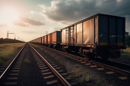 Final wagon convoy. Heavy and red oldest freight train running tracks. Generate AIの素材