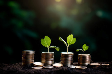 Growing pile coins plant. Stacks of golden coins with green profit leaves. Generate aiの素材