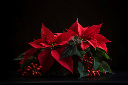 Red poinsettia flower. Traditional Christmas decoration plant on dark background. Generate aiの素材