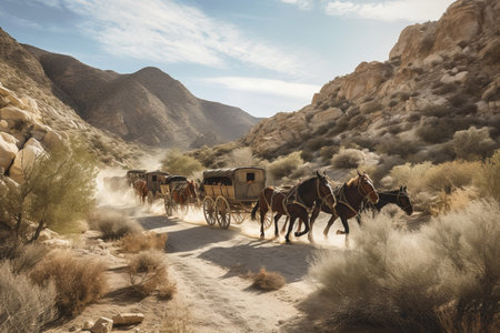 Horse drawn carriage. Rocky terrain through which people with animals travel. Generate AIの素材