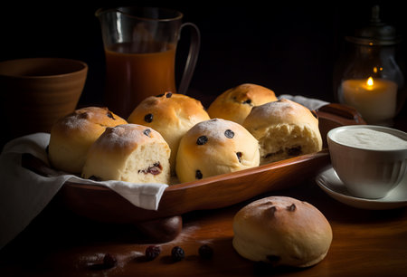 Saint Lucia chocolate buns with tea cup. Celebratory delicious baked treat with hot drink. Generate aiの素材