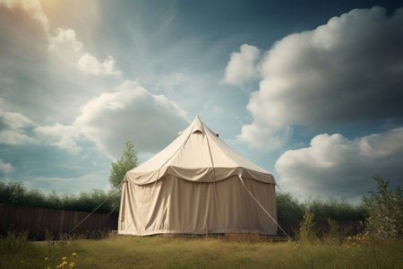 Little tent fence. Summer tent vegetable garden with green grass cloudy sky. Generate AIの素材