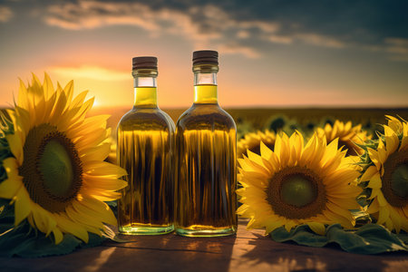 Natural sunflower oil bottles on sunset view. Organic summer plant oil extract on agricultural field. Generate aiの素材