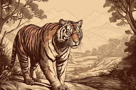 Tiger nature illustration. Dangerous striped predator woods against mountain backdrop. Generate AIの素材