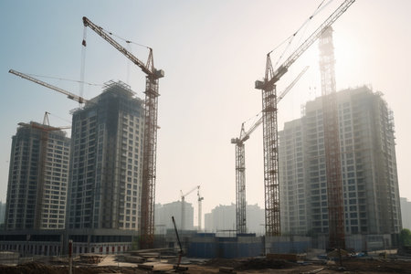 Tower cranes urban construction project. Architectural city residence building project machinery. Generate aiの素材