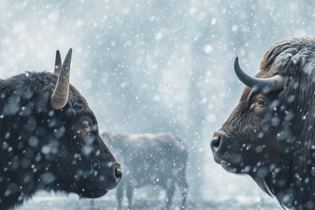 Two bison animals in wintertime. Wildlife endangered buffalo in snowy winter fall. Generate aiの素材