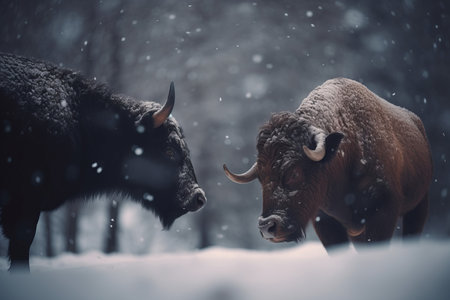 Two giant brown bulls in wintertime. Wild ox animals in frosty icy nature. Generate aiの素材