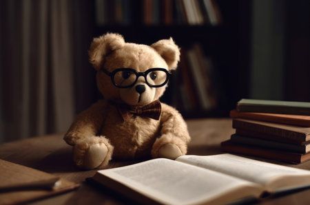 Foto de Bear with glasses with open book. Plush toy bear learning from knowledge storybook. Generate ai - Imagen libre de derechos