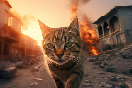 Cat fear pain eyes on burning flames background. Homeless feline running from fire explosion. Generate aiの素材
