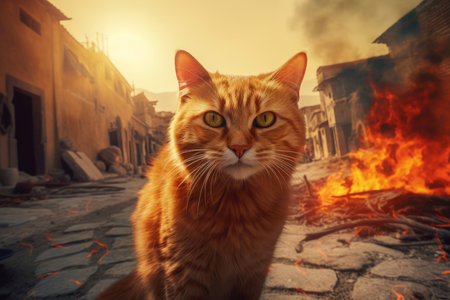 Sad ginger cat fear pain eyes on burning street background. Homeless kitty escapes from fire flames. Generate aiの素材