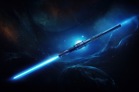 Blue galactic lightsaber tool. Celestial azure glowing handle sabre. Generate aiの素材
