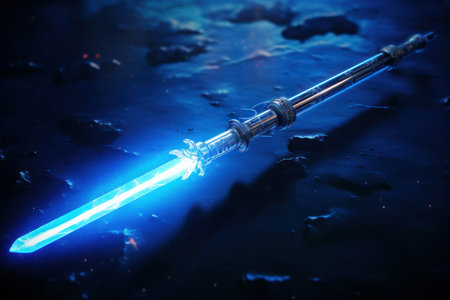 Azure lightsaber weapon. Blue stellar radiant glowing laser armor sword. Generate aiの素材
