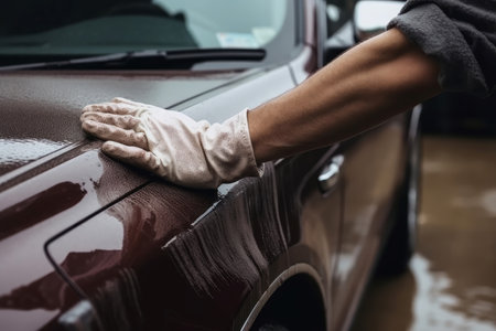 Male hand with glove washing dirty car. Auto cleaner maintenance service man. Generate aiの素材