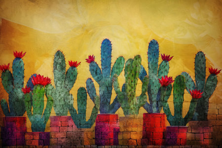 Decoration with cactuses. Mosaics and awesome wall with interesting plants. Generate AIの素材