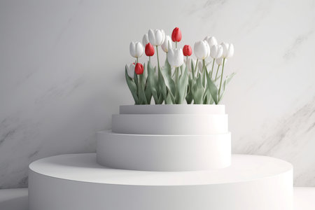 Modern round stage. Originally and white podium with wonderful tulips. Generate AIの素材