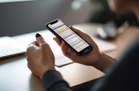Woman checking account details. Adult and confident person holding smartphone. Generate AIの素材