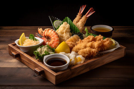 Deep fried shrimp on wooden board. Sauce dinner food snack. Generate Aiの素材
