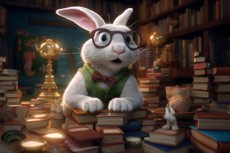 Smiling rabbit with glint at desk and glasses. Shocked school holiday. Generate Aiの素材
