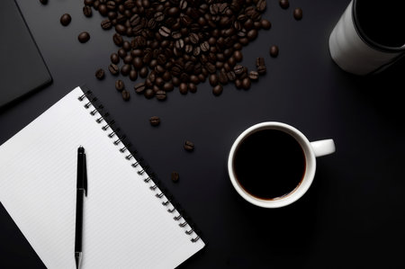 Workplace coffee notepad. Black desk with white notebook and scattered grains. Generate AIの素材