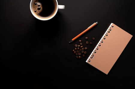 Beige notebook orange pen. Cup coffee sits beside notepad capturing essence productivity. Generate AIの素材