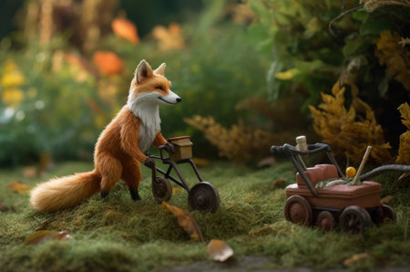 Anthropomorphic fox lawn. Happy and adorable wild animal smiling field. Generate AIの素材