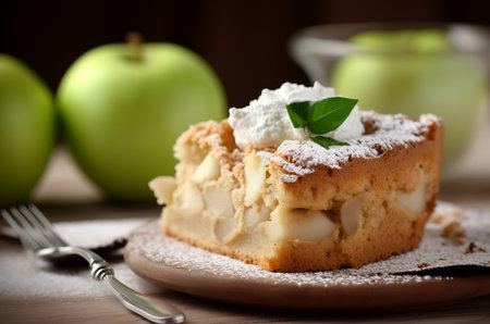 Apple cake platter with cream and sugar powder. Serving tasty baked apple tart piece. Generate aiの素材