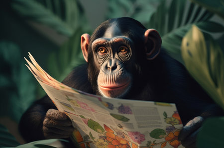 Chimpanzee holds newspaper. Primate monkey animal reading a gazette. Generate aiの素材
