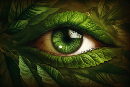 Ecological artwork eye. Mysterious and pensive gaze green mesmerizing leaf. Generate AIの素材