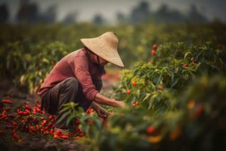 Farmer picking ripe red peppers. Agriculturist man harvesting capsicum on farmland. Generate aiの素材