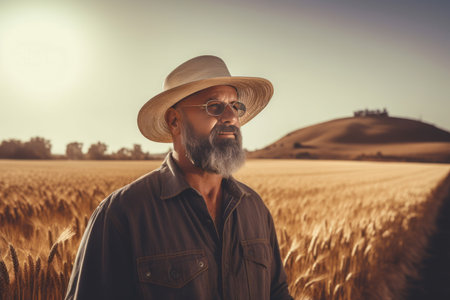Farmer with hat standing in ripe wheat field. Agriculturist male surrounded with golden cereals grain farmland. Generate aiの素材