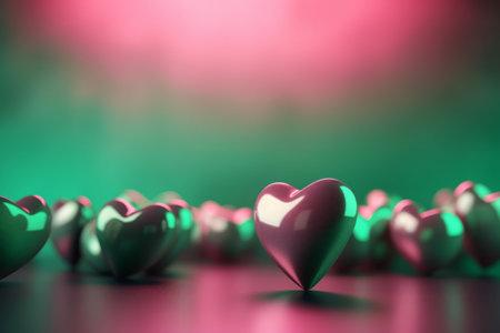 Hearts pink green. Multitude small colored gradient figures shiny surface. Generate AIの素材