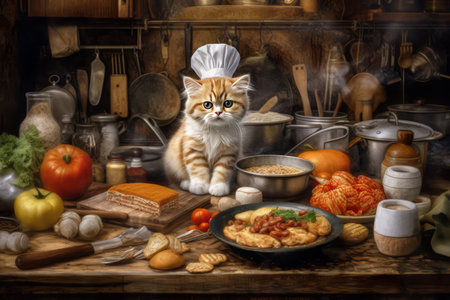 Kitten cooking in kitchen food. Cute cat with chef hat on tabletop. Generate aiの素材