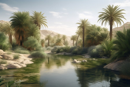 Desert tropical oasis digital art. Green vegetation area in the middle of dune. Generate aiの素材