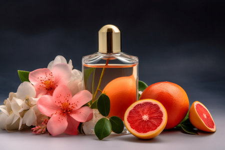 Perfume bottle with tropical fruits and blossom flowers. Scented citrus fresh essence with floral fragrance. Generate aiの素材
