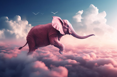 Pink elephant flying. Originally and extraordinary artwork with fluffy clouds. Generate AIの素材