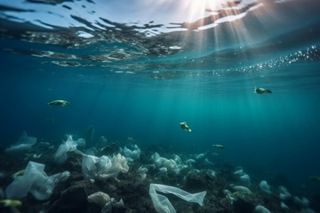 Plastic pollution ocean. Dirty and unsustainable seabed with plastic bundles. Generate AIの素材