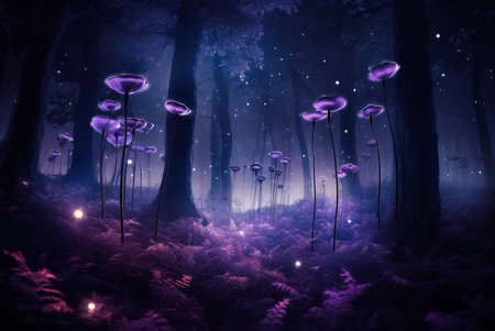 Purple forest glowing. Dark and big woodland with bunch neon plants. Generate AIの素材