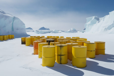 Radioactive waste yellow containers in Antarctica. Toxic hazardous substance in frozen Antarctic environment. Generate aiの素材