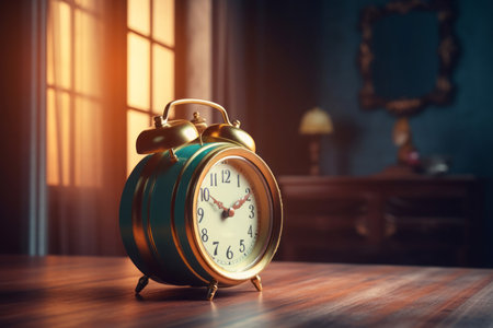 Retro round alarm clock on table. Alarm morning watch vintage style. Generate aiの素材