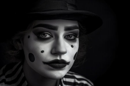 Sad clown woman with gloomy makeup. Somber upset female mime artist. Generate aiの素材