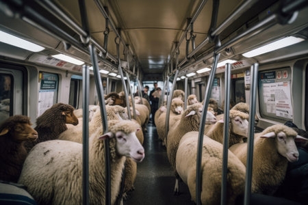 Sheep crammed subway commuters. Woolly passengers urban metro commuting. Generate aiの素材