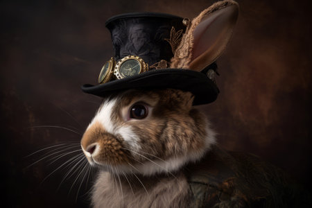 Steampunk Easter rabbit. Fluffy bunny wearing black cylindric hat. Generate aiの素材