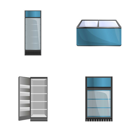 Industrial refrigerator icons set cartoon vector. Freezer and fridge showcase. Refrigerationのイラスト素材