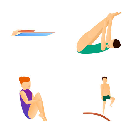 Diving icons set cartoon vector. People jumping from board into water. Water sport, competitionのイラスト素材