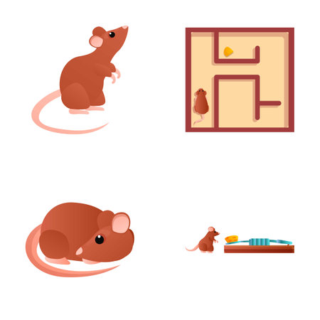 Cartoon mice icons set cartoon vector. Cute mouse near mousetrap and in maze. Cartoon characterのイラスト素材