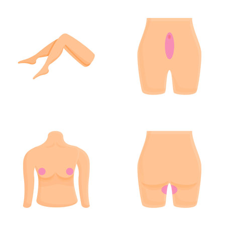 Depilation icons set cartoon vector. Various area for depilation. Epilation, hair removalのイラスト素材