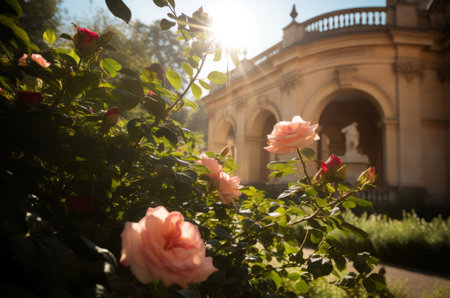 Sunlit courtyard roses. Building with verdant blooming rose orchard. Generate aiの素材